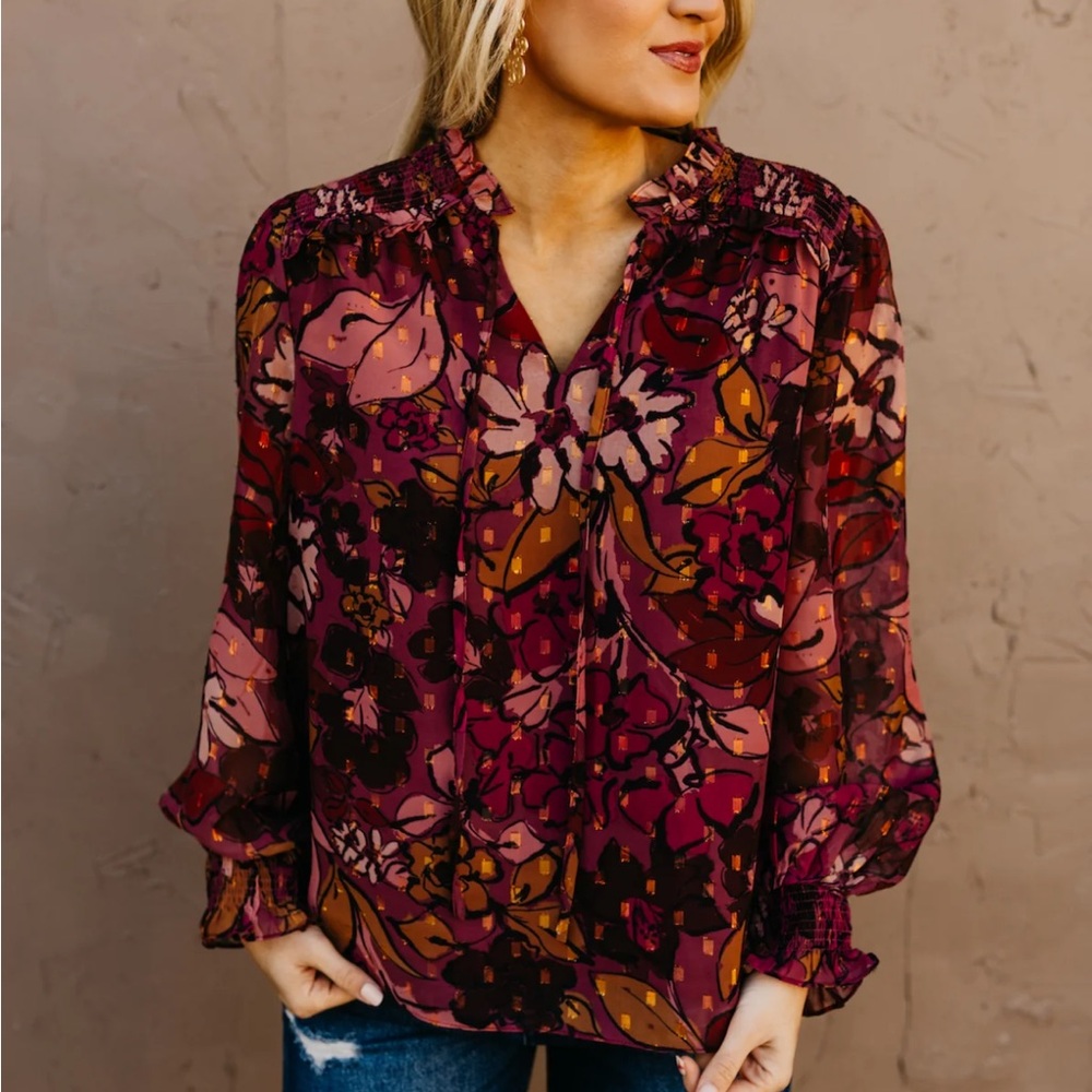 Fate Red Blouse with Mandarin Collar and 3/4 Sleeves